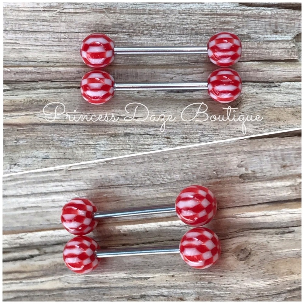 Red White Checkered Acrylic Ball Barbell Nipple Ring Barbell Set